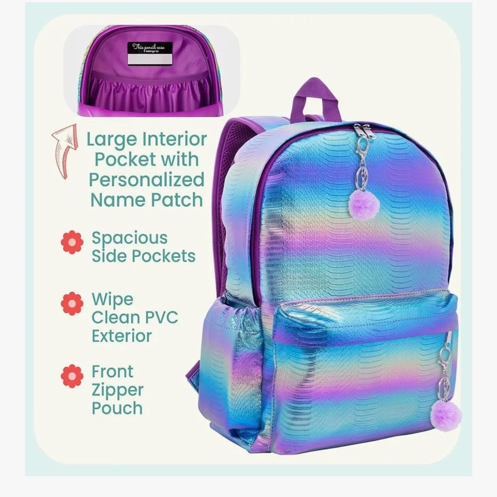Kids Mermaid Backpack with Pom-Pom Charm and Lunch Bag
